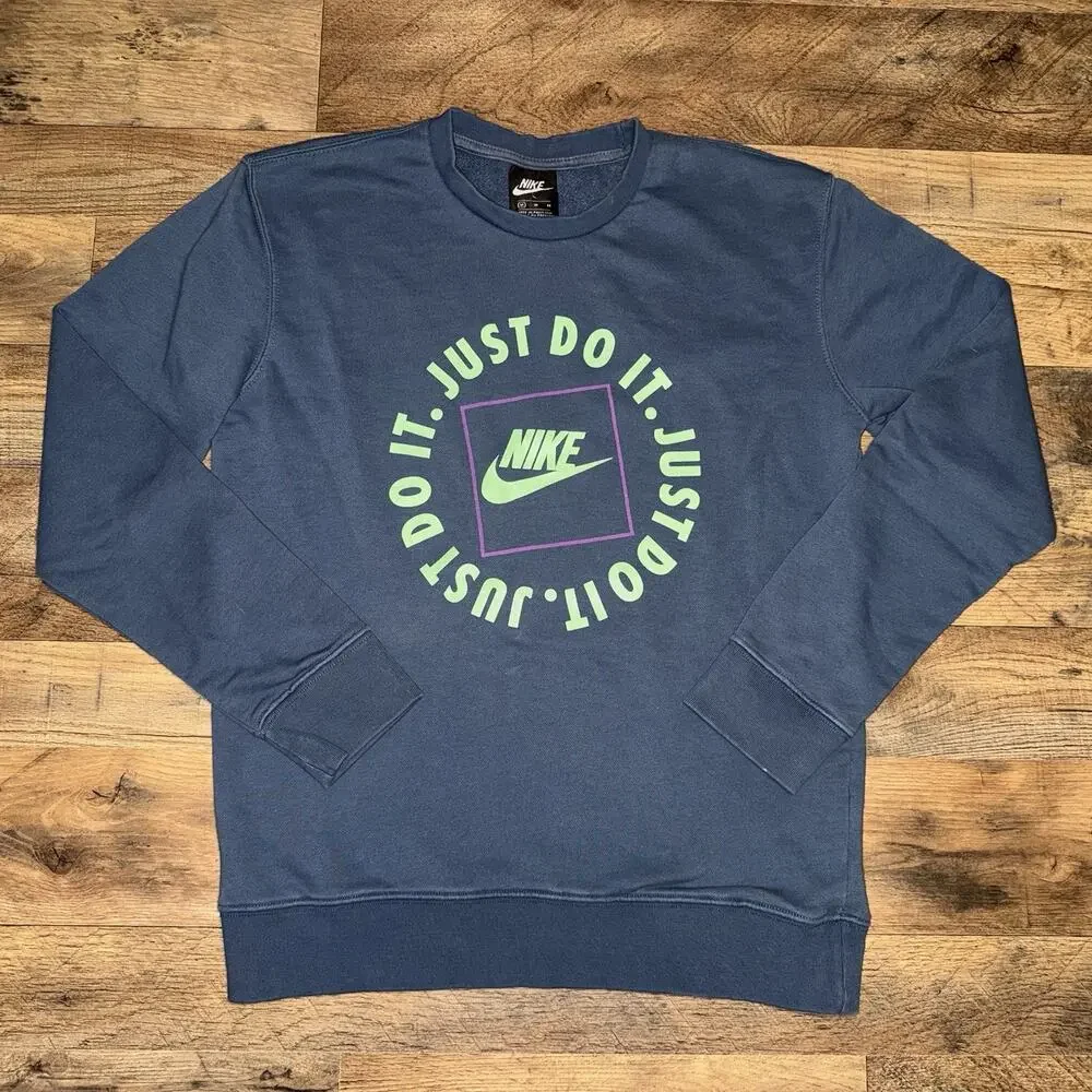 Nike Just‎ Do It Crewneck Sweatshirt Men’s M Blue Neon Logo Pullover